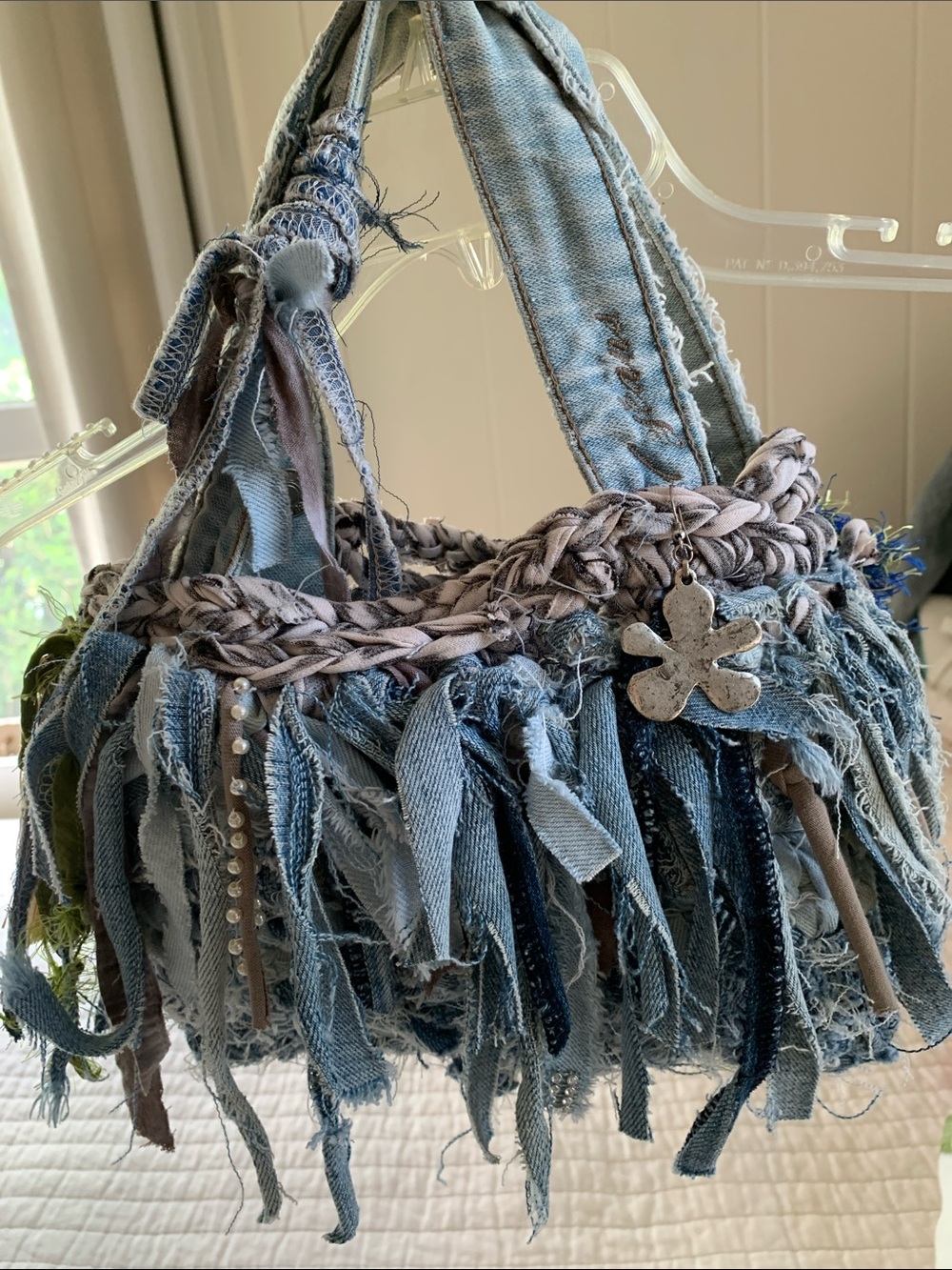 Handcrafted Boho Denim Fringe Tote Bag - Light Blue